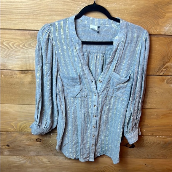 Anthropologie Akemi + Kin Women’s LS Button Down Top 10‎ Gray Gold Metallic - Picture 1 of 10